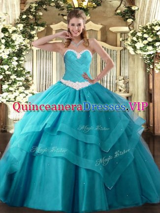 Teal Sweetheart Neckline Appliques and Ruffled Layers Quinceanera Gowns Sleeveless Lace Up