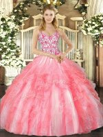 Coral Red Ball Gown Prom Dress Sweet 16 and Quinceanera with Beading and Ruffles Straps Sleeveless Lace Up