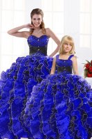 Sweetheart Sleeveless Quinceanera Gowns Floor Length Beading and Appliques and Ruffles Royal Blue Organza