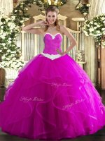 Sleeveless Floor Length Appliques and Ruffles Lace Up Military Ball Gowns with Fuchsia