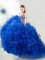 Sleeveless Organza Floor Length Lace Up Quinceanera Dresses in Royal Blue with Beading and Ruffles