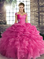 Hot Pink Ball Gowns Beading and Ruffles and Pick Ups Quince Ball Gowns Lace Up Organza Sleeveless Floor Length