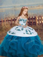 High Class Blue Straps Neckline Embroidery and Ruffles Child Pageant Dress Sleeveless Lace Up
