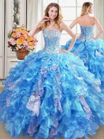 Fancy Baby Blue Ball Gowns Beading and Ruffles and Sequins Quinceanera Dresses Lace Up Organza Sleeveless Floor Length