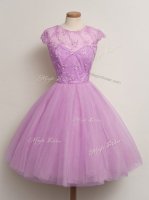 Lace Court Dresses for Sweet 16 Lilac Lace Up Cap Sleeves Knee Length