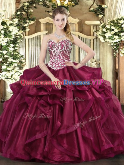 Shining Wine Red Ball Gowns Beading and Ruffles Quince Ball Gowns Lace Up Organza Sleeveless Floor Length - Click Image to Close