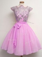 Knee Length Lilac Court Dresses for Sweet 16 Chiffon Cap Sleeves Lace and Belt