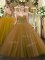 Simple Floor Length Brown Quince Ball Gowns Tulle Sleeveless Beading