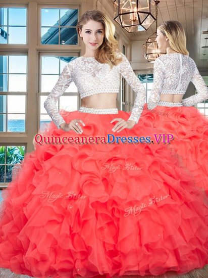 Scoop Organza Long Sleeves Floor Length Sweet 16 Dress and Beading and Lace and Ruffles - Click Image to Close