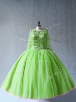 Green Ball Gowns Scoop Long Sleeves Tulle Floor Length Lace Up Beading Vestidos de Quinceanera
