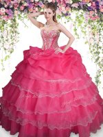 Best Coral Red Organza Lace Up Sweetheart Sleeveless Floor Length Quinceanera Gowns Beading and Ruffled Layers and Pick Ups(SKU SJQDDT837002-1BIZ)