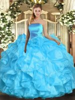 Sleeveless Organza Floor Length Lace Up 15 Quinceanera Dress in Aqua Blue with Ruffles