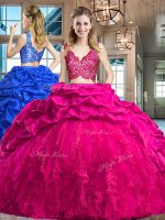 Pick Ups Two Pieces Sleeveless Fuchsia Ball Gown Prom Dress Brush Train Zipper