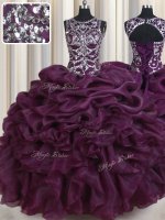 Dark Purple Organza Lace Up Scoop Sleeveless Floor Length 15th Birthday Dress Beading and Ruffles and Pick Ups(SKU PSSW0447BIZ)