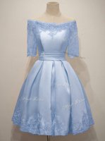 Fantastic Knee Length Lace Up Vestidos de Damas Light Blue for Prom and Party and Wedding Party with Lace