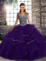 Best Straps Sleeveless Quinceanera Dress Floor Length Beading and Ruffles Purple Tulle