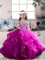 Scoop Sleeveless Evening Gowns Floor Length Beading and Ruffles Fuchsia Tulle