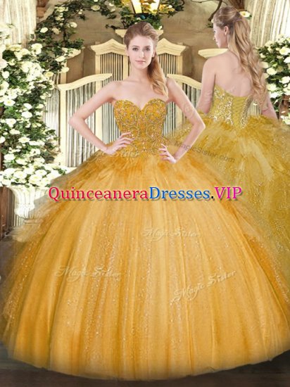 Sleeveless Floor Length Lace Lace Up 15th Birthday Dress with Gold - Click Image to Close