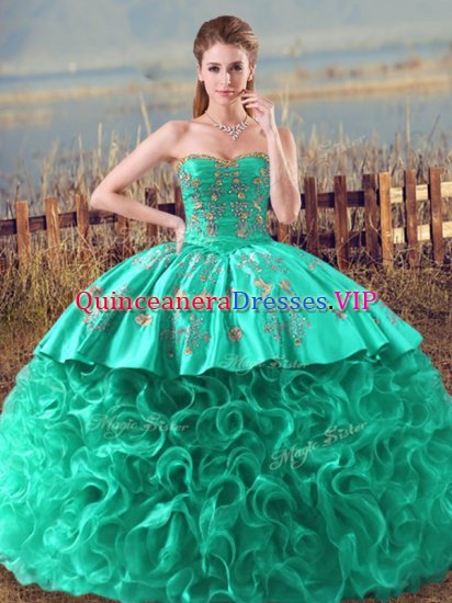 Graceful Turquoise Sweetheart Neckline Embroidery and Ruffles 15th Birthday Dress Sleeveless Lace Up - Click Image to Close