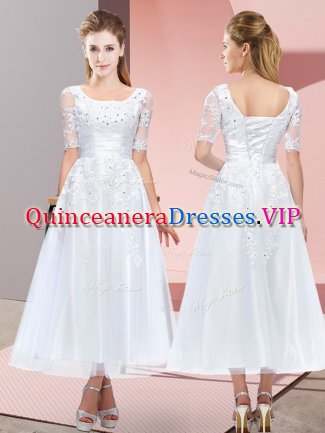 Free and Easy Scoop Short Sleeves Lace Up Vestidos de Damas White Tulle