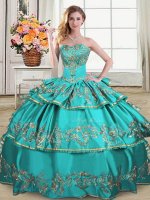 Aqua Blue Ball Gowns Sweetheart Sleeveless Satin and Organza Floor Length Lace Up Embroidery and Ruffled Layers Quinceanera Dresses(SKU PSSW0368MT-3BIZ)