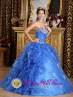 Windsor & Maidenhead Berkshire Classical Strapless Blue Sweetheart Organza Quinceanera Dress With Ruffles Decorate In New York(SKU QDZY137y-7BIZ)
