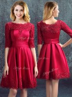 Bateau Half Sleeves Zipper Quinceanera Court Dresses Wine Red Satin