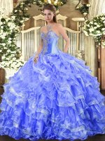 Best Blue Sweet 16 Dress Military Ball and Sweet 16 and Quinceanera with Beading and Ruffled Layers Sweetheart Sleeveless Lace Up