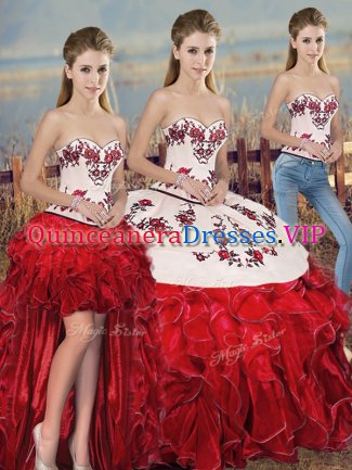 White And Red Ball Gowns Organza Sweetheart Sleeveless Embroidery and Ruffles and Bowknot Floor Length Lace Up Quince Ball Gowns