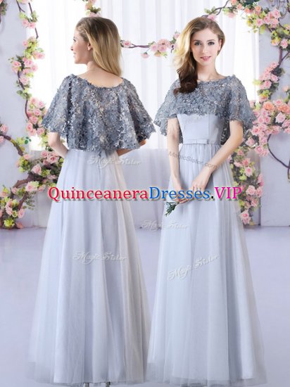 Grey Lace Up Quinceanera Dama Dress Appliques Sleeveless Floor Length - Click Image to Close