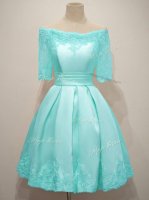 Aqua Blue A-line Off The Shoulder Half Sleeves Taffeta Knee Length Lace Up Lace Damas Dress