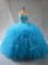 Comfortable Baby Blue Tulle Lace Up Quinceanera Dresses Sleeveless Floor Length Beading and Ruffles