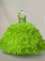 Green Organza Lace Up Sweet 16 Dresses Sleeveless Floor Length Ruffles and Sequins