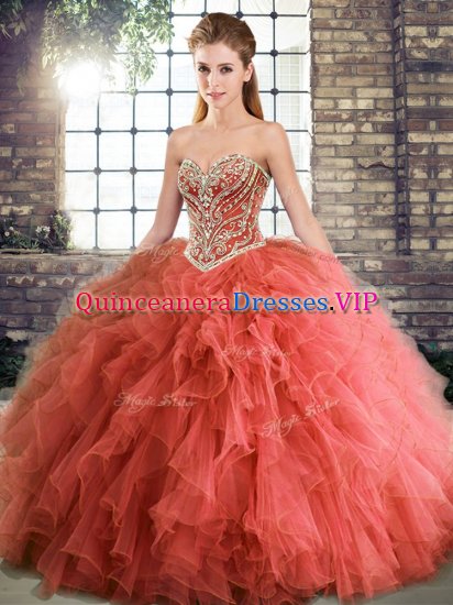 Floor Length Coral Red Quinceanera Gown Tulle Sleeveless Beading and Ruffles - Click Image to Close
