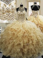 Sleeveless With Train Beading and Ruffles Lace Up 15 Quinceanera Dress with Champagne Sweep Train(SKU PSSW0553BIZ)