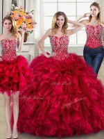 Great Three Piece Red Sweetheart Lace Up Beading and Ruffles Quinceanera Gowns Brush Train Sleeveless