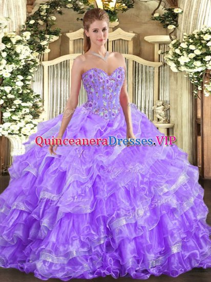 Lavender Ball Gowns Organza Sweetheart Sleeveless Embroidery and Ruffled Layers Floor Length Lace Up Quinceanera Gown - Click Image to Close