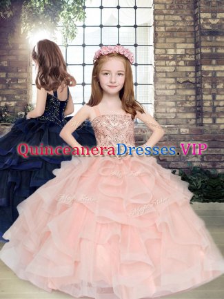 Excellent Straps Sleeveless Little Girls Pageant Dress Wholesale Floor Length Beading and Ruffles Peach Tulle