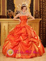 Aviles Spain Unique Orange Red For Popular Quinceanera Dress With Hand Made Flowers and Pick-ups