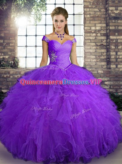 Classical Purple Sleeveless Floor Length Beading and Ruffles Lace Up Sweet 16 Dresses - Click Image to Close