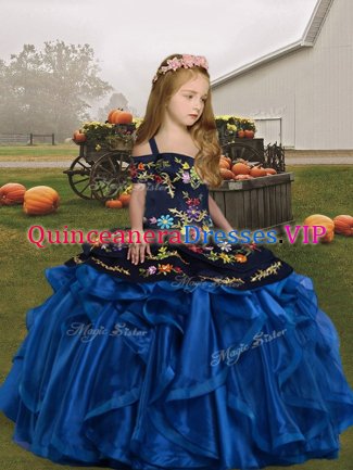 Amazing Blue Kids Formal Wear Party and Wedding Party with Embroidery and Ruffles Straps Sleeveless Lace Up