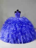 Blue Quince Ball Gowns Sweet 16 and Quinceanera with Beading and Ruffles Halter Top Sleeveless Brush Train Zipper(SKU PSSW0856-2BIZ)