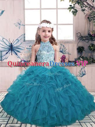 On Sale Ball Gowns Kids Formal Wear Teal Halter Top Tulle Sleeveless Floor Length Lace Up