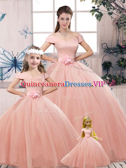 Pink Tulle Lace Up 15th Birthday Dress Short Sleeves Floor Length Lace and Hand Made Flower - Click Image to Close