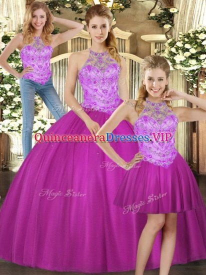 Fuchsia Halter Top Lace Up Beading 15 Quinceanera Dress Sleeveless - Click Image to Close