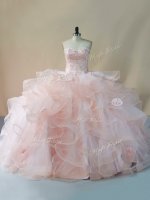 New Arrival Pink Ball Gowns Tulle Sweetheart Sleeveless Beading and Ruffles and Hand Made Flower Lace Up Quinceanera Gowns Brush Train