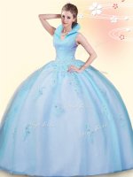 Glittering Baby Blue Sleeveless Tulle Backless 15 Quinceanera Dress for Military Ball and Sweet 16 and Quinceanera