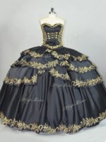 Sleeveless Satin Floor Length Lace Up 15th Birthday Dress in Black with Embroidery