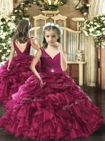 V-neck Sleeveless Little Girl Pageant Gowns Floor Length Beading and Ruffles and Pick Ups Fuchsia Organza