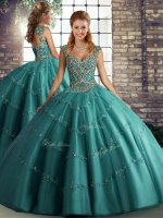 Luxury Floor Length Teal Quinceanera Dress Straps Sleeveless Lace Up